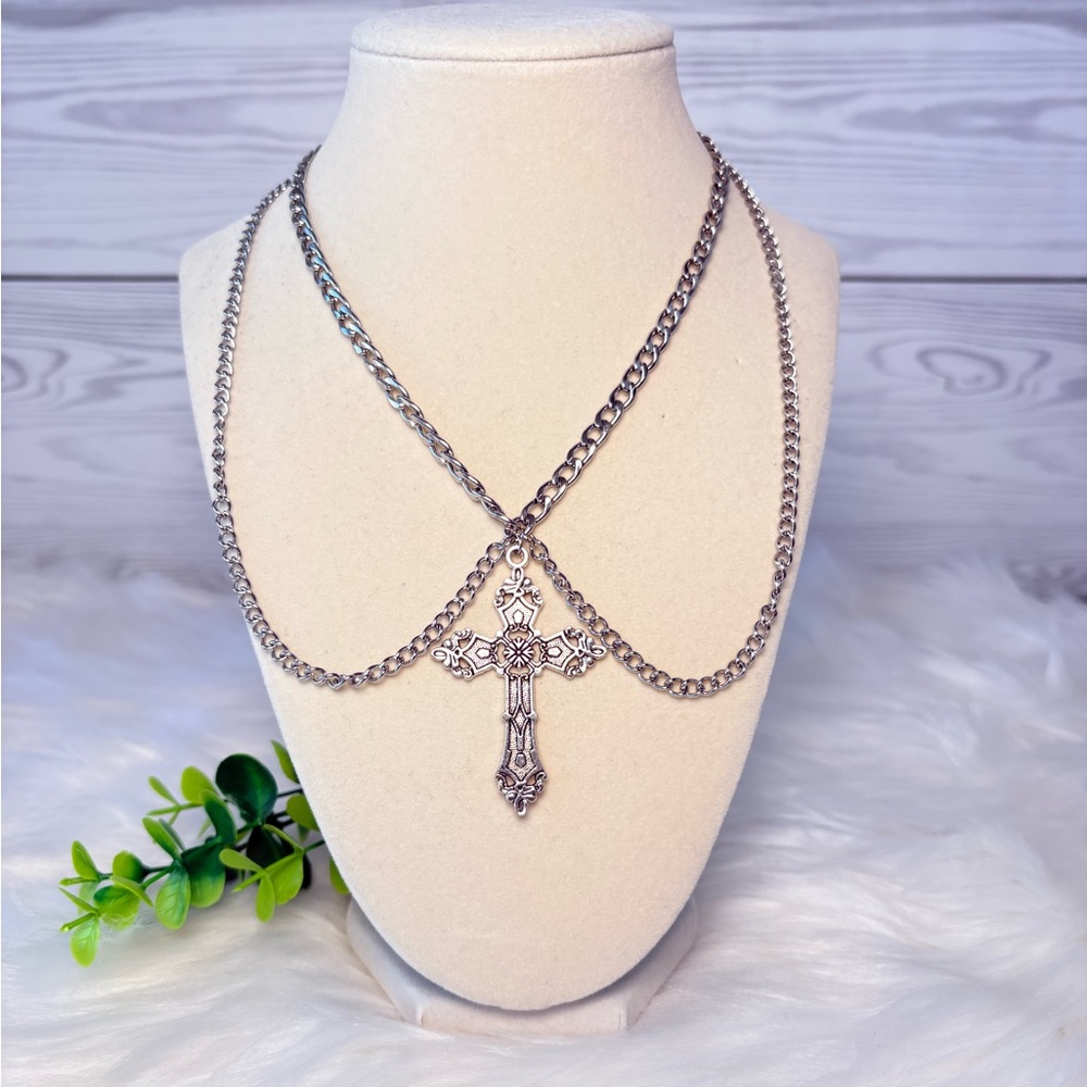 Elegant Silver Cross Double Chain Choker‎ Necklace